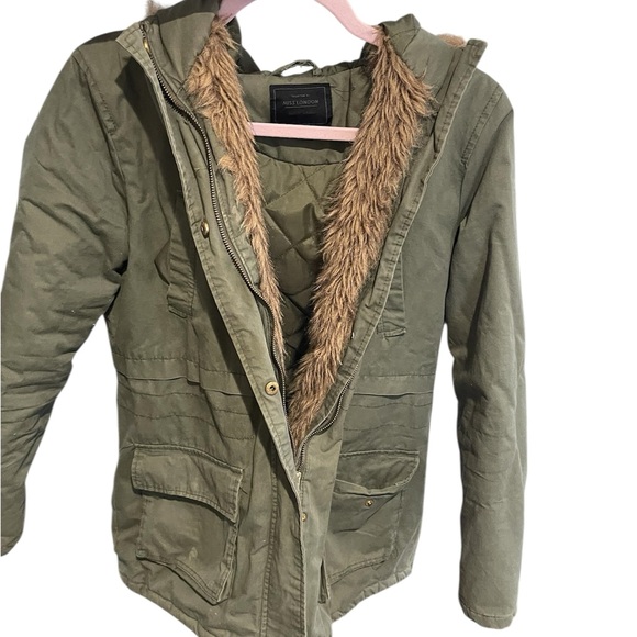 Miss London Jackets & Blazers - Olive Green Hooded Parka with Faux Fur Lining